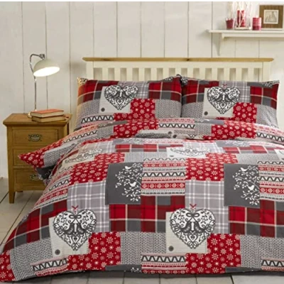 Afbeelding van Alpine Patchwork 100% geborsteld katoen flanel hart dekbedovertrek en 2 kussensloop beddengoed bedset, rood/meerkleurig, tweepersoons