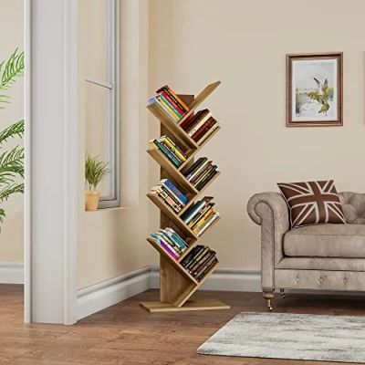 Afbeelding van YITAHOME Boom Boekenplank, Vloerstaande Rustieke Bruine Industriële Houten planken Boekenkast, Display Opslag Rekken voor Woonkamer, Thuis, Kantoor Kleur Boek