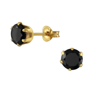 Afbeelding van JoyS Zilveren 6 mm oorknoppen rond zirkonia zwart 14k goudplating