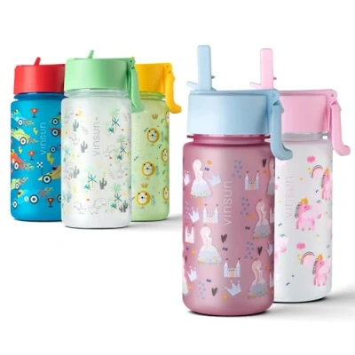 Afbeelding van Vinsun Waterfles Kind Roze met Rietje 500ml Lekvrij, BPA vrij, Tritan Prinsessen Drinkfles voor Kleuterschool, School, Sport
