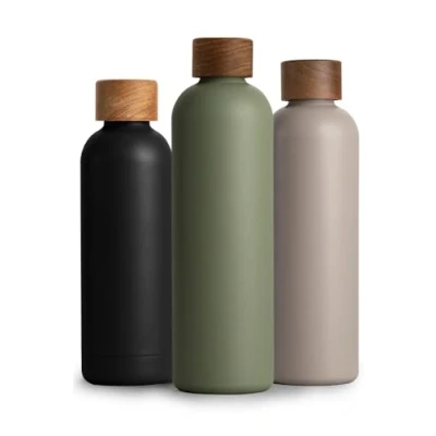 Afbeelding van Roestvrijstalen drinkfles, 1 liter thermosfles met deksel van acaciahout, geïsoleerde waterfles, lekvrij voor koolzuurhoudende dranken, isoleerfles, 1000 ml, olijfgroen