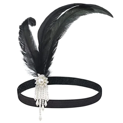 Afbeelding van BABEYOND Hoofdband voor dames, Great Gatsby kostuum, jaren 20, flapper veer, haarband, wit
