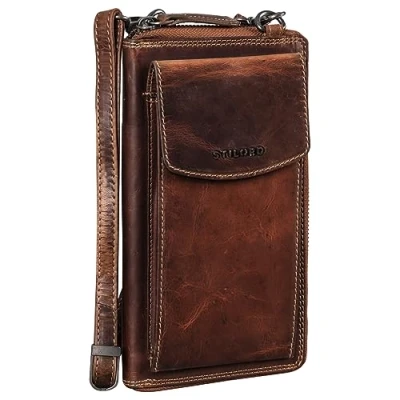 Afbeelding van STILORD &#039;Sarah&#039; lederen schoudertasje met mobiele telefoon compartiment telefontas verstelbare Crossbody portemonnee voor vrouwen, Kleur:salerno bruin