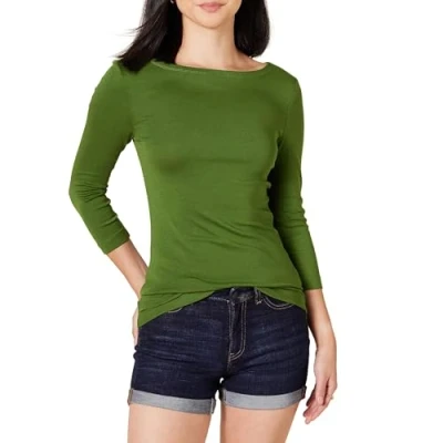 Afbeelding van Amazon Essentials Women&#039;s T shirt met driekwartmouwen, stevige boothals en slanke pasvorm, Groen, XS