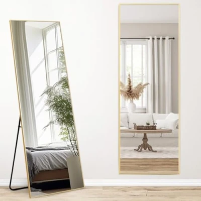 Afbeelding van Melodieux Full body spiegel, 161 x 52 cm, volledige lengte, modern, grote vrijstaande goudkleurig aluminium frame, aankleedspiegel, wandgemonteerde spiegel voor woonkamer, slaapkamer