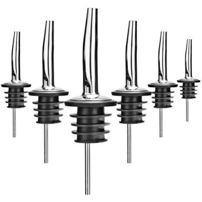 Afbeelding van COM FOUR® 6x flessenschenker doseerschenker van roestvrij staal portier voor schnaps, rum, whisky, dranken of azijn en olie (06 stuks zilverkleurig zonder deksel)