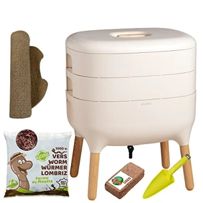 Afbeelding van Moutta Urbalive 2 bakjes Ivoor, Complete Kit I Wormenbak Design 500gr Compostwormen Startersubstraat Hennepmat + Schep Binnen, balkon en tuin