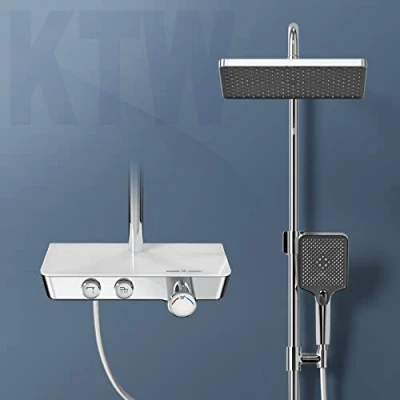 Afbeelding van EMKE doucheset met thermostaat, douchesysteem douche regendouche set handdouche 3 straalsterktes, douchezuilset glazen plank, KTW certificering, chroom