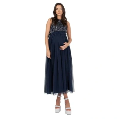 Afbeelding van Maya Deluxe Dames zwangerschapsjurk voor zwangere bruiloftsgast Midaxi mouwloze pailletten verfraaid tule ronde hals bruidsmeisje, blauw, 6, Donkerblauw, 32