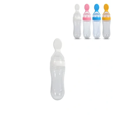Afbeelding van Babyvoedingfles, 1 stuk 90 ml siliconen babyvoedingsfles BPA vrij baby pasgeboren peuter vers voedsel granen knijpen stijl met lepel en hygiënische hoes (wit)