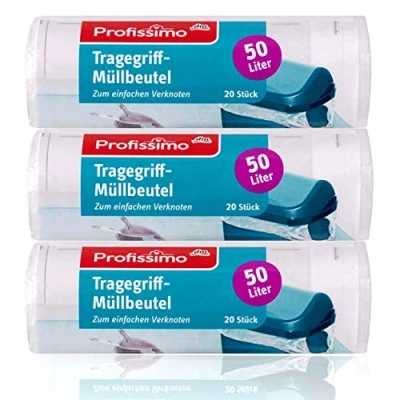 Afbeelding van Profissimo Draaggreep vuilniszakken 50 l (60 stuks), verpakking van 3 stuks scheurvast &amp; vloeistofdicht (3 x 20 stuks)