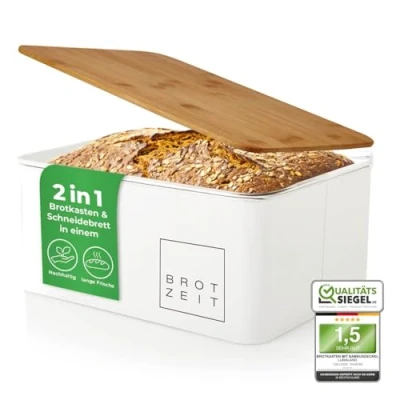 Afbeelding van Lumaland Cuisine Broodtrommel Metaal met bamboe deksel Rechthoekig 30,5 x 23,5 14 cm Wit