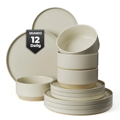 Afbeelding van MIAMIO serviesset voor 4 personen / 12 delige aardewerk in beige/Vaatwasser en magnetronbestendig Sierra Collectie (Licht, Vaatwerkset (12x))