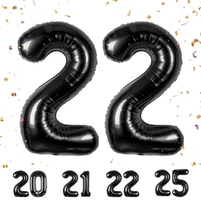 Afbeelding van 22e verjaardag decoratie cijfers ballon 22 jaar folieballon zwart voor mannen vrouwen nummer vliegt met helium verjaardagsfeest 40&quot; 101cm