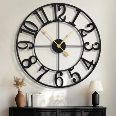 Afbeelding van HAITANG Grote wandklok, modern, zwart metaal, rond, 80 cm diameter, geruisloos, werkt op batterijen, vintage stijl, Arabische cijfers, klokken voor woonkamer, slaapkamer, keukendecoratie, 79