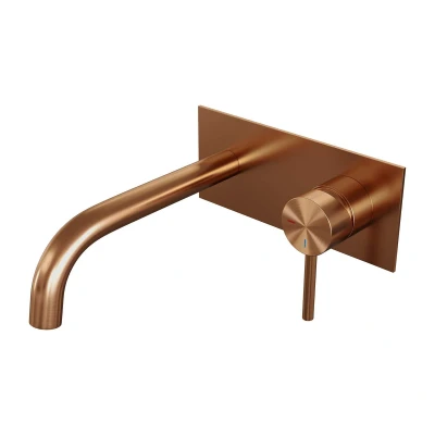 Afbeelding van Brauer Copper Edition Wastafelmengkraan inbouw gebogen uitloop links hendel lang smal afdekplaat model A 1 PVD geborsteld koper