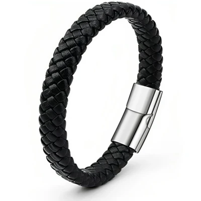 Afbeelding van Armband Heren Zwart Leer met Stalen Sluiting Leren Armbanden Cadeau voor Man Mannen Cadeautjes