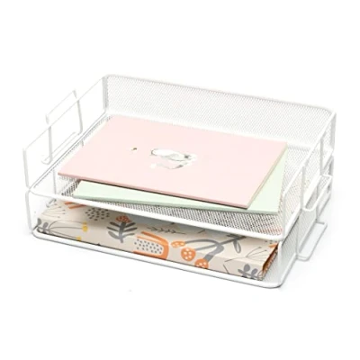 Afbeelding van EXERZ Brief Trays 2 stks Stapelbare Papiersorter/Bureau Organisator/Bestand Lade voor Bureau Wire Mesh Metal File Rack Kantoor, School, Home Study (2 stuks wit)