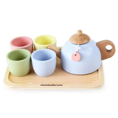 Afbeelding van Mamabrum houten theeservies voor kinderen 3+, kindertheeservies met dienblad 7 delig, speelwiel barista, kok, theepot en speelmok