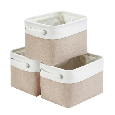 Afbeelding van Mangata Kleine canvas opbergdoos, stoffen opbergmand met handgrepen voor kasten, planken, kleding, speelgoed (3 pack, opvouwbaar, licht kaki wit)