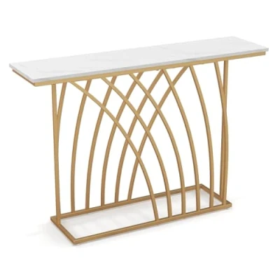 Afbeelding van COSTWAY Consoletafel, smal, haltafel, marmerlook, bijzettafel met geometrisch metalen frame, modern 120 x 30 80 cm, voor woonkamer, hal, entree