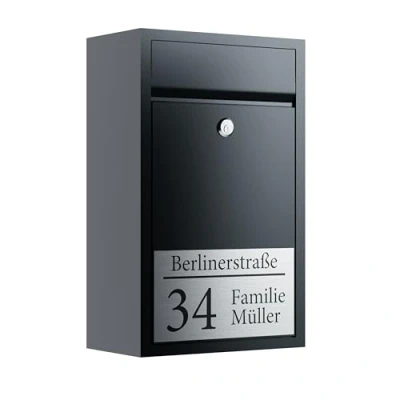 Afbeelding van Bl4ckPrint Premium brievenbus antraciet gepersonaliseerde met achternaam, straat en huisnummer hoogwaardige muurbrievenbus gepersonaliseerd