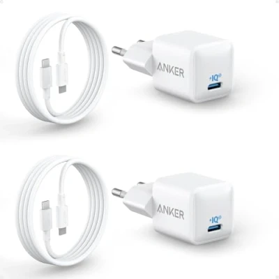 Afbeelding van Anker 511 USB C oplader (nano), 20 W, PIQ 3.0 compacte snellader + 2 x 180 cm naar kabel, iPad voor iPhone 16/15/iPad Pro (dubbele set, 2x netvoeding en kabels)