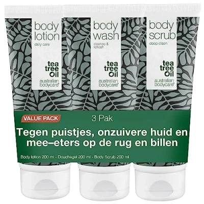 Afbeelding van Australian Bodycare Body Treatment 3 producten tegen puistjes, een onzuivere huid en meeeters op de rug billen gebaseerd Tea Tree Olie Bevat douchegel peeling om je te reinigen bodylotion hydrateren verzorgen