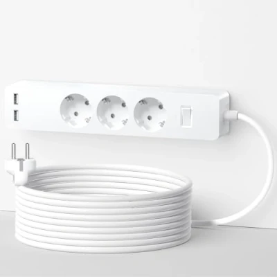 Afbeelding van NTONPOWER Stekkerdoos, 3 voudige Stekkerdoos met 2 USB Poorten, Verlengkabel 5M, Wandmontage, Kinderbeveiliging, Overspanningsbeveiliging, Wit