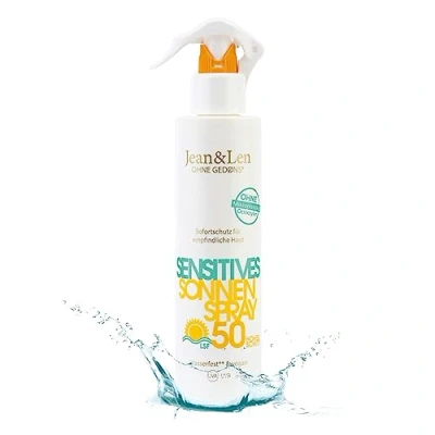 Afbeelding van Jean &amp; Len Sensitive Sun Spray 50 SPF waterproof, geschikt voor gevoelige huid, zonder siliconen, octocrylene, geurstoffen microplastics, veganistisch, sprayflacon 250 ml