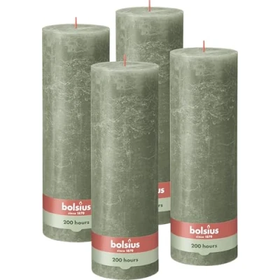 Afbeelding van Bolsius Rustieke stompkaars XXL groen 4 stuks 30 x 10 cm decoratieve huishoudelijke kaarsen lengte brandduur 200 uur geurloos bevat natuurlijke plantaardige was zonder palmolie