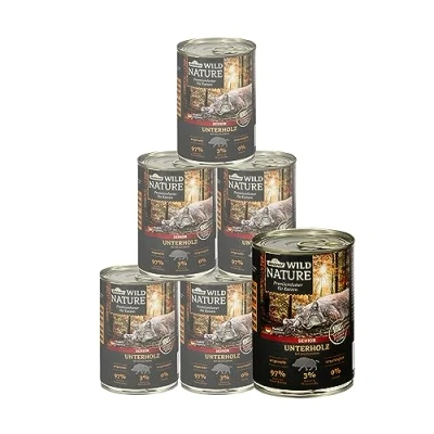 Afbeelding van Dehner wild Nature Kattenvoer, onderhout, natvoer zonder granen, suikervrij, voor oudere katten, zwijn, blik van 6 x 400 g (2,4 kg)