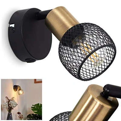 Afbeelding van Wandlamp Cairns van metaal in zwart en goud, retro/vintage kamerlamp, schakelaar op de behuizing 1 vlam, x E14, lampkop draaibaar,zonder lampen