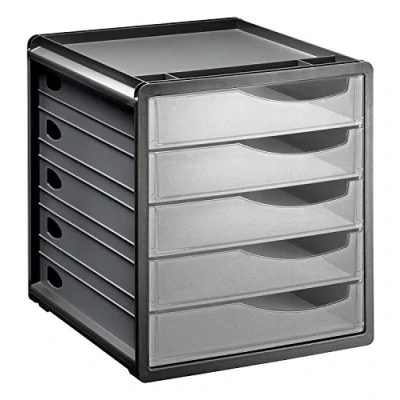 Afbeelding van Rotho, Spacemaker, Ladebox / kantoorbox met 5 lades, Kunststof (PS) BPA vrij, transparant zwart, 33,5 x 28,5 32,0 cm