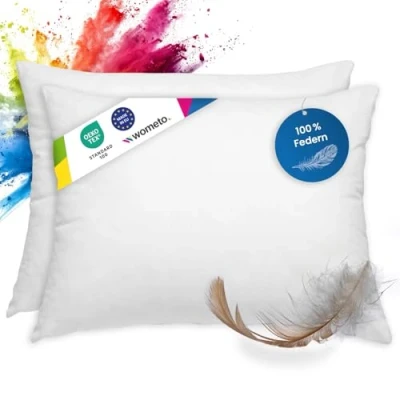 Afbeelding van wometo Oeko Tex Kussens Set van 2 veren 100% 40x60 600g g kussen vulkussen overtrek katoen wit/binnenkussen/kussenvulling / klein hoofdkussen (2 stuks)