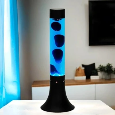 Afbeelding van Lavalamp aluminium glas zwart blauw feestzaal jeugd 37,5 cm E14 incl. gloeilamp Magma sfeervolle retro tafellamp YVONNE