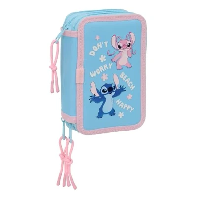 Afbeelding van Driedubbele Pennenzak Lilo &amp; Stitch Happy Hemelsblauw 12,5 x 19,5 5,5 cm 37 Onderdelen