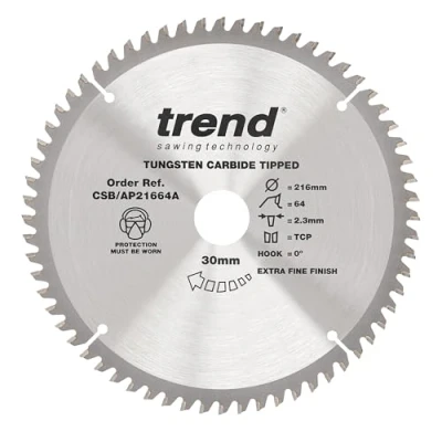 Afbeelding van Trend Aluminium en kunststof cirkelzaagblad, 216 mm diameter, 30 boring, 64 tanden, TCT, 2,3 kerf, nul haak, CSB/AP21664A