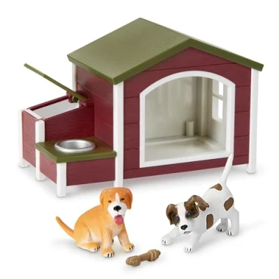 Afbeelding van Terra Hondenhok, 5 delige speelgoedset met 2 puppy&#039;s en voer dierfiguren accessoires, speelgoed voor kinderen vanaf 3 jaar