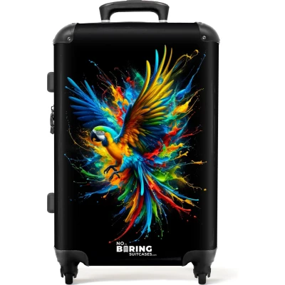 Afbeelding van NoBoringSuitcases.com Grote koffer Papegaai met verfspatten voor zwarte achtergrond Kinderkoffer jongen Reiskoffer 4 wielen Trolley op wieltjes Rolkoffer groot kinderen 60 liter Ruimbagage valies 20kg