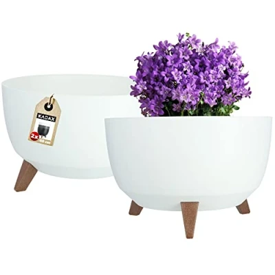 Afbeelding van KADAX Bloempot van kunststof met drie insteeksteunen, ronde bloemenschaal, plantenbak, bloembak, plantenbak voor balkon, woonkamer (pak 2 x 39,5 cm diameter, wit)