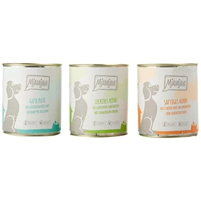 Afbeelding van MjAMjAM premium natvoer voor honden gemengd pakket I kip &amp; eend, rund, kalkoen, pak van 6 (6 x 800 g), naturel met extra vlees