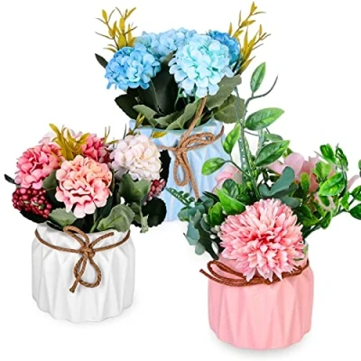 Afbeelding van 3 stuks kunstbloemen in pot, kunstbloemen, hortensia bloemen, als echt, met keramische vaas, bloemen voor tafeldecoratie bruiloft huwelijksaanzoek