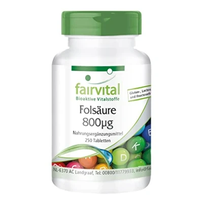 Afbeelding van Fairvital Foliumzuur 800µg voor vruchtbaarheid, zwangerschap &amp; lactatie VEGAN HOOG GEDOSEERD vitamine B9 250 tabletten