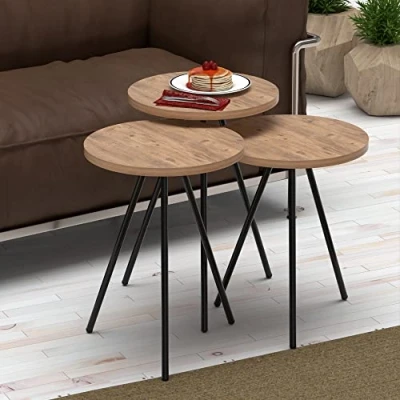 Afbeelding van Bijzettafel Ølgod rond set van 3 houtkleurig en zwart