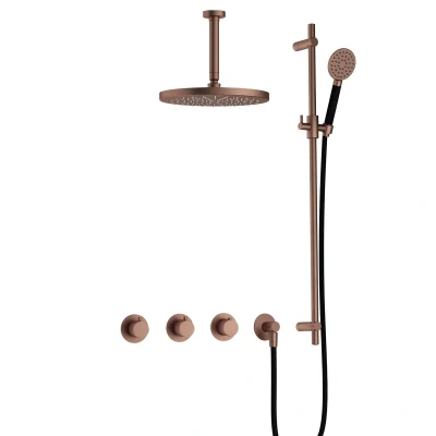 Afbeelding van Hotbath Cobber Regendoucheset IBS70 Geborsteld Koper PVD Ronde handdouche 30cm Hoofddouche 15cm Plafondbuis Handouche met glijstang