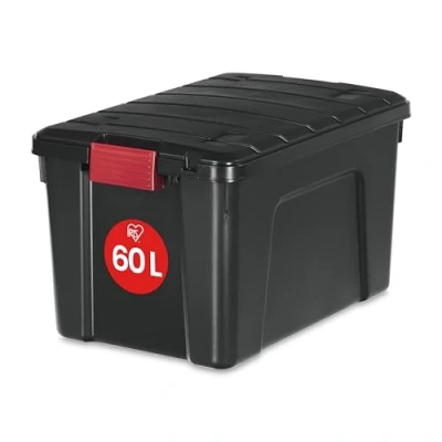 Afbeelding van Iris Ohyama, Grote Dozen, Plastic opbergorganizer, met deksel en sluitclips, 60L, Set van 1, sSapelbaar, Verrijdbaar, BPA vrij, Zolder, Schuur, Garage, SIA 60, zwart