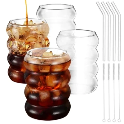 Afbeelding van Maxentico Set van 4 espressokopjes, Koffiekopjes, Glas, 400 ml, Espressoglazen, Cappuccinokopjes, Transparante Borosilicaatbeker met Reinigingsborstel en Rietje, voor Latte Thee, Macchiato Whisky