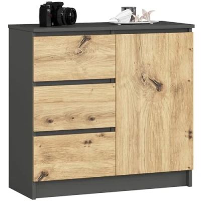 Afbeelding van AKORD Commode K 80 Jerry met 3 laden Kast 2 planken en 1 deur Voor de woonkamer slaapkamer Modern 16mm gelamineerde plaat 80x77x35 cm Grafietgrijs + eiken Artisan Front