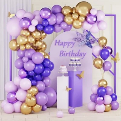 Afbeelding van paarse ballonnenboogset 110 stuks verjaardagsdecoraties met lila gouden ballonnen, metallic ballonslinger kit voor verjaardagsfeestdecoratie, bruiloft, jubileum,